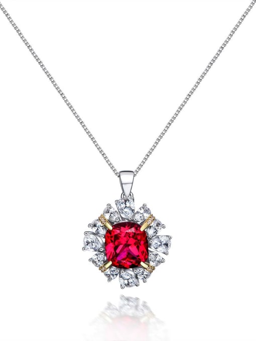 Red (including chain) [P 0642] 925 Sterling Silver High Carbon Diamond Flower Luxury Necklace